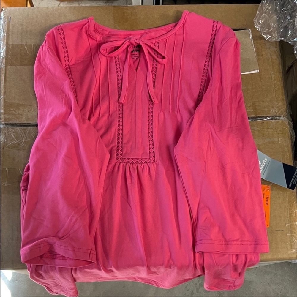 Tie-Neck Fuchsia Peasant Blouse - Unbranded